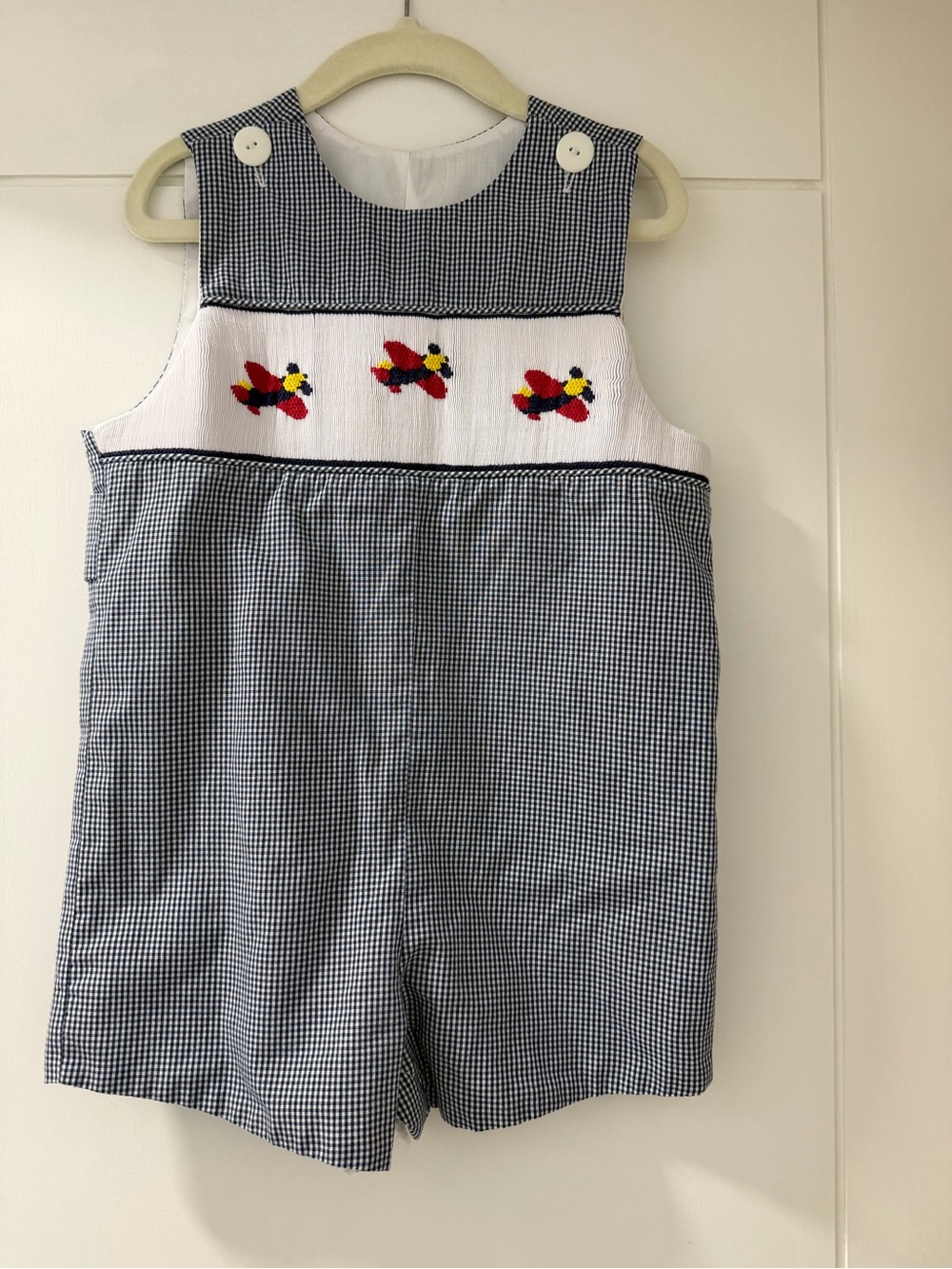 Tricia Navy Gingham Jon Jon Romper| airplanes | 3T